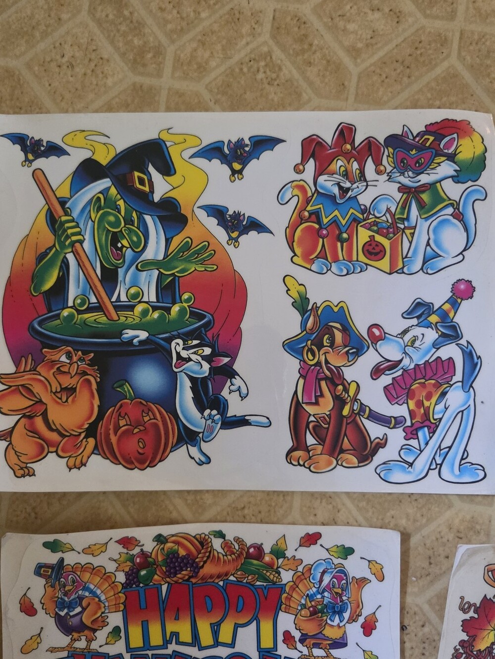 Vintage Halloween Thanksgiving Window Clings Ghost Witch Cat Pumpkin Lot Of 6 - Picture 2 of 12